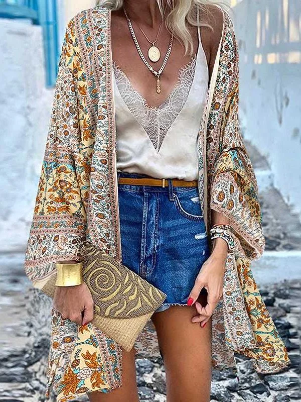 Open Front Bohemian Floral Printed Blouse Boho Printed Blouse