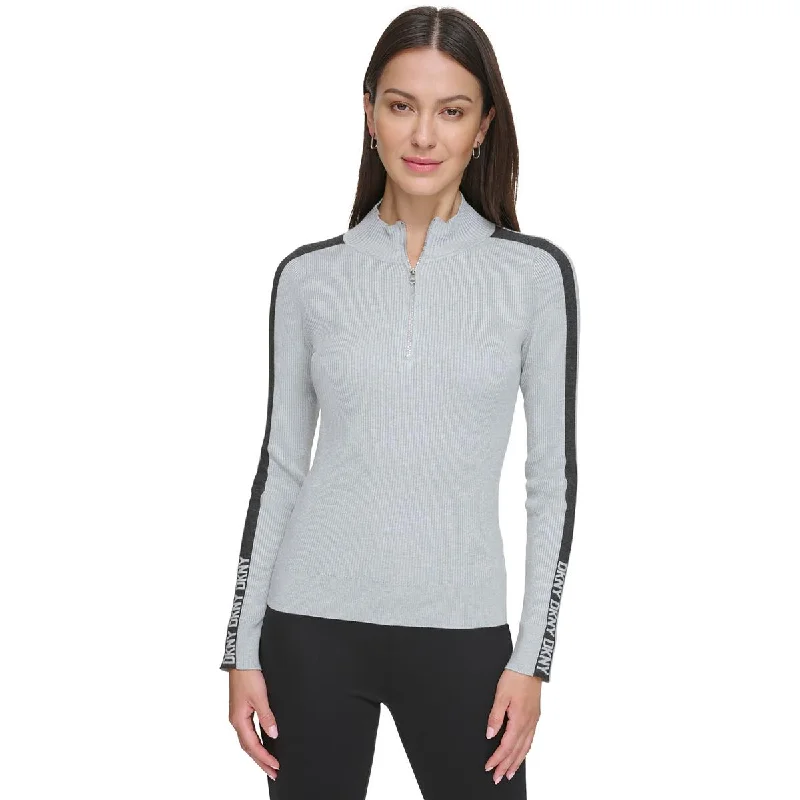 Womens Half-Zip Logo Stripe Mock Turtleneck Sweater Beaded Sweater Sequined Faux Fur