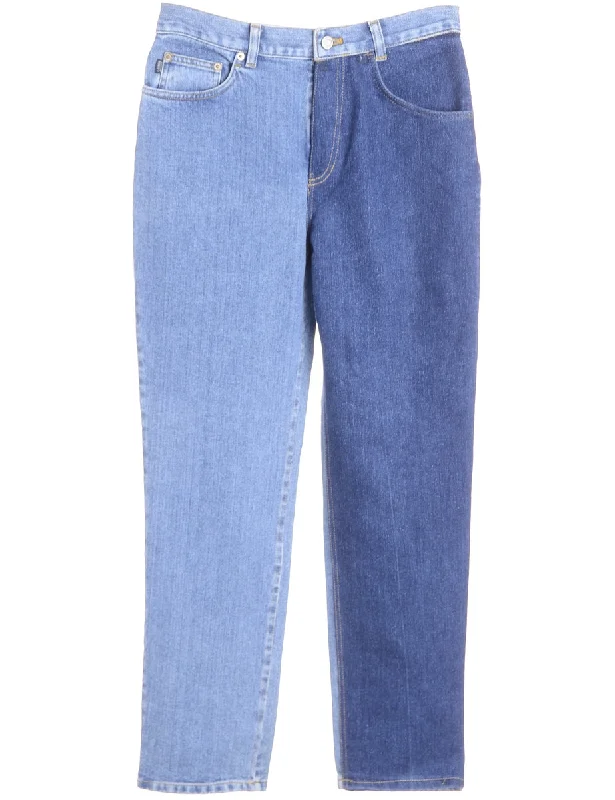Label Tapered Colour Block Jeans Stylish Paperbag Waist Denim