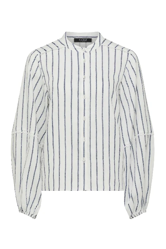 Cable Avondale Linen Blouse - Navy Stripe Feminine Puff Blouse