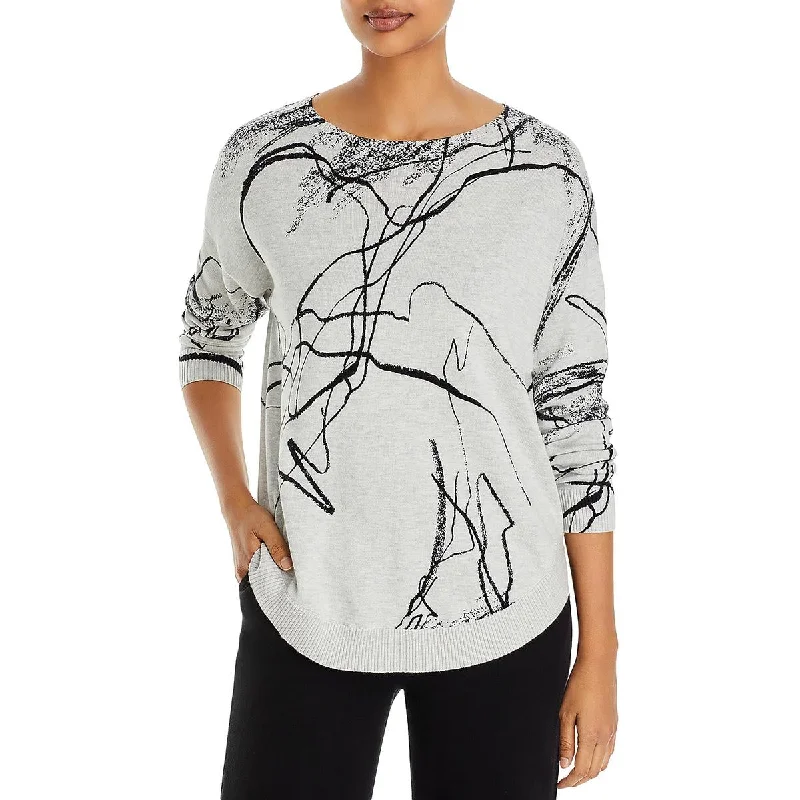 Womens Printed Crewneck Pullover Sweater Polka Dot Checkered Tartan