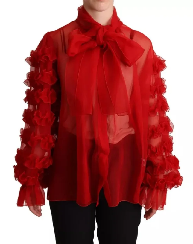 Red Silk Ascot Collar Ruffles Blouse Top Smart Business Blouse