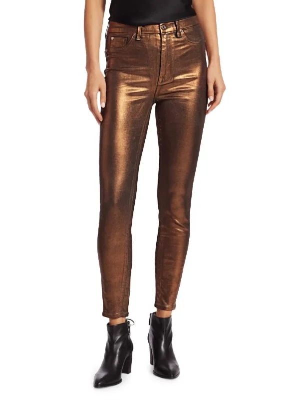 Metallic Coated Jeans In Bronze Comfortable Stretch Fit Jeans