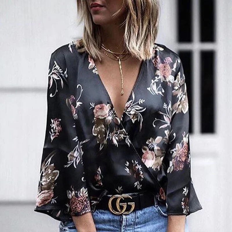 Long Sleeve Loose Print Blouse Casual Shirt Business Casual Blouse