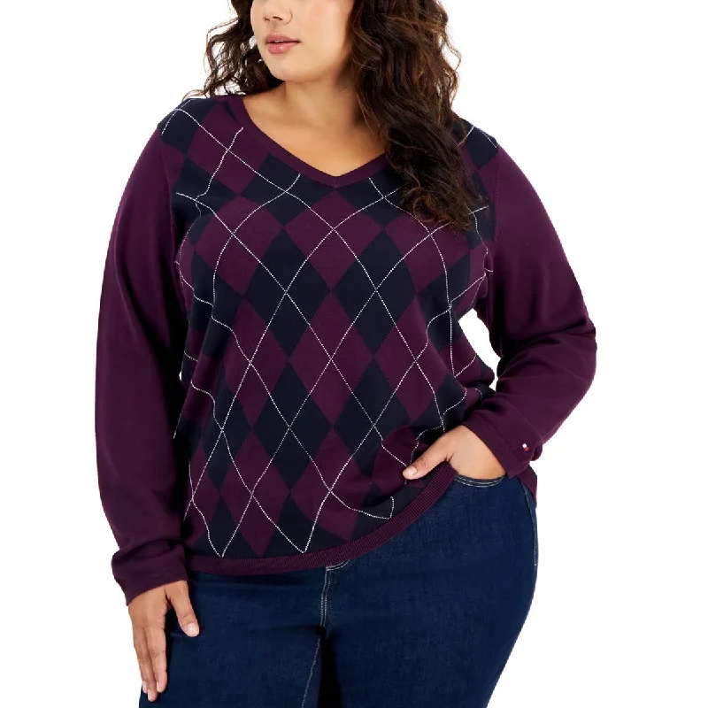 Plus Womens V Neck Long Sleeve Pullover Sweater Chenille Blend Fleece Blend Nylon Blend