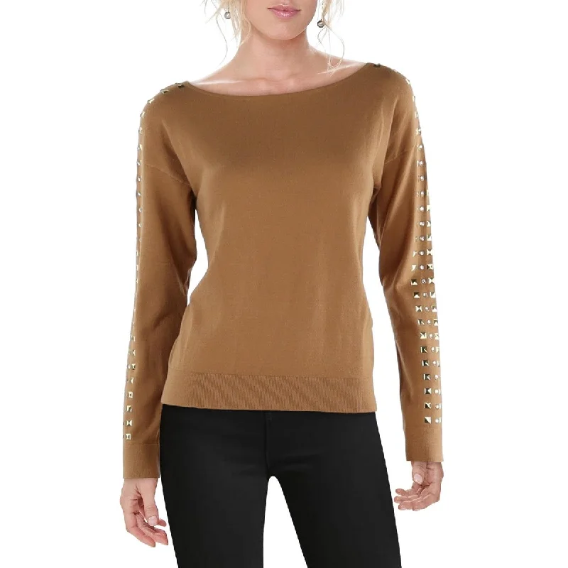 Womens Studded Ribbed Trim Pullover Sweater Plaid Sweater Polka Dot Checkered