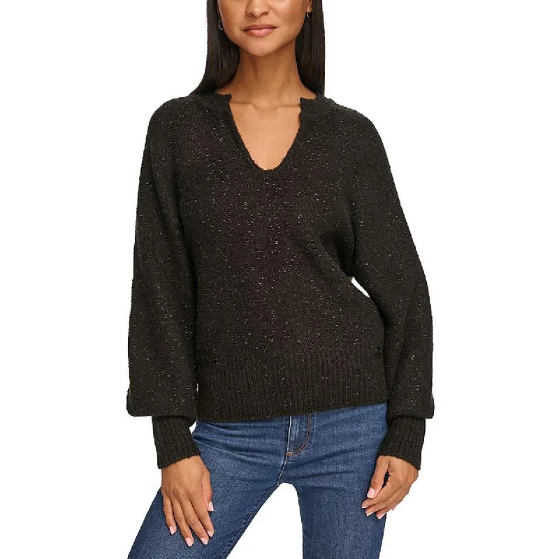 Womens Metallic Split-Neck Pullover Sweater Ribbed Striped Patterned