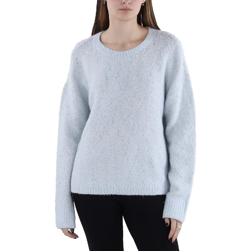 Womens Metallic Crewneck Pullover Sweater Denim Fabric Leather Fabric Suede Fabric