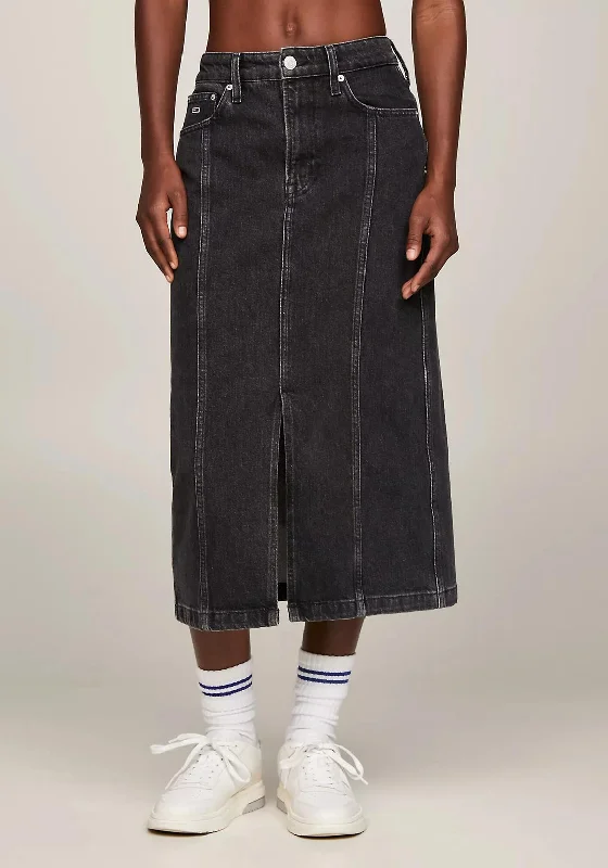 Tommy Jeans Claire High Rise Midi Skirt, Black Denim Comfortable Mid-Rise Jeans