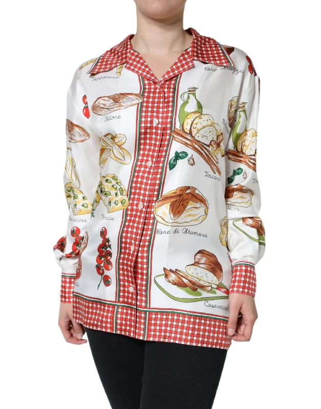 Multicolor Bread Print Collared Blouse Top Versatile Layering Blouse