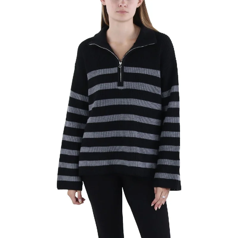 Womens Half Zip Crochet Pullover Sweater Spandex Blend Rayon Blend Denim Blend