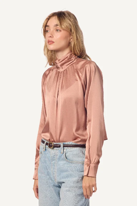 COSETTE MOCK NECK LONG SLEEVE SILK BLOUSE | DEEP APRICOT Satin Bow Blouse