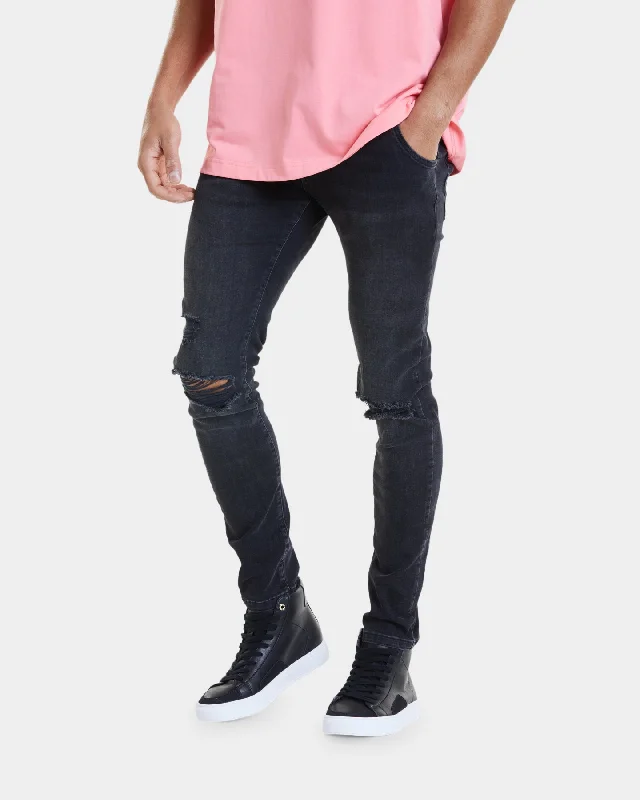 Sik Silk Slim Fit Distressed Denim Jeans Washed Black Trendy Button-Up High-Waist Jeans