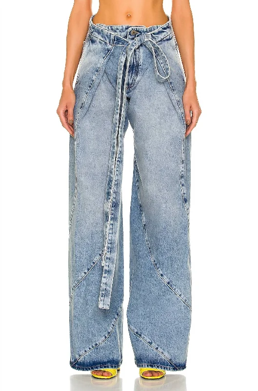 Pre-Loved Denim With Slit Pockets And Belted Waist Jean In Blue Fashionable Raw Edge Jeans Pre-Loved Denim With Slit Pockets And Belted Waist Jean In Blue Fashionable Raw Edge Jeans