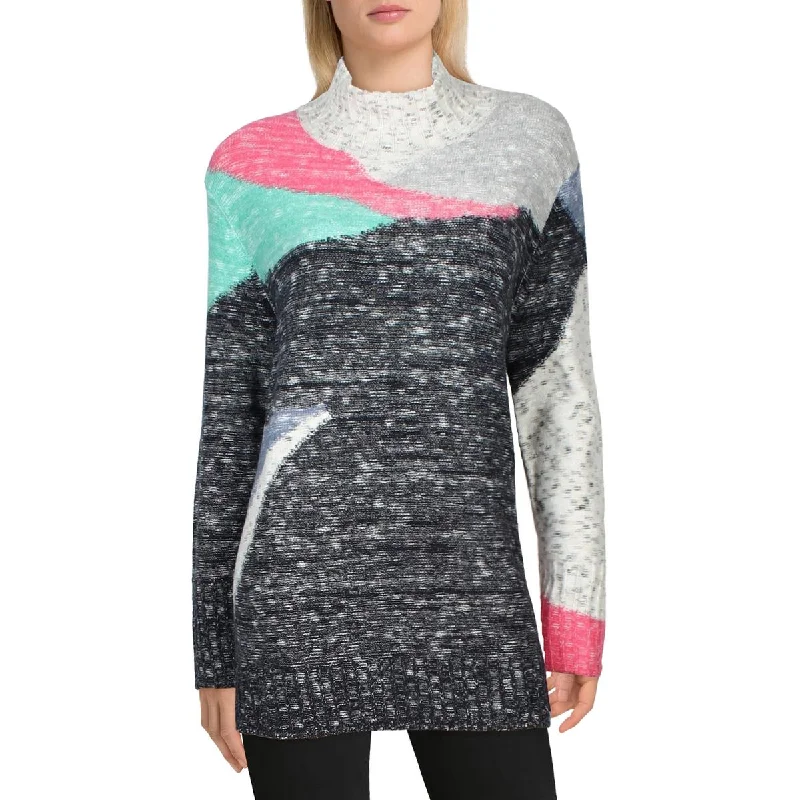Sun Turn Mix Womens Colorblock Pullover Mock Turtleneck Sweater Solid Print Embellished Sun Turn Mix Womens Colorblock Pullover Mock Turtleneck Sweater Solid Print Embellished