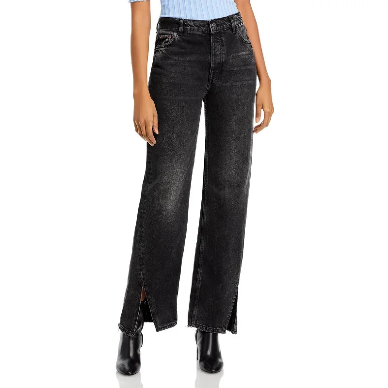 Womens Button Fly Front Slit Straight Leg Jeans Fashionable Straight Fit Denim
