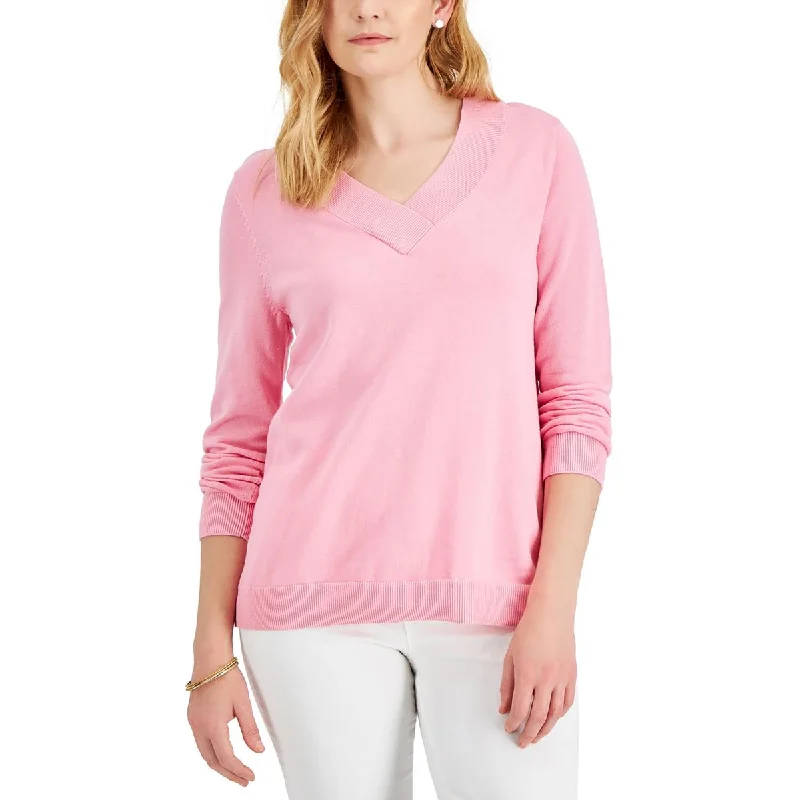 Womens Ribbed Trim Pullover V-Neck Sweater Machine Wash Dry Clean Hand Wash