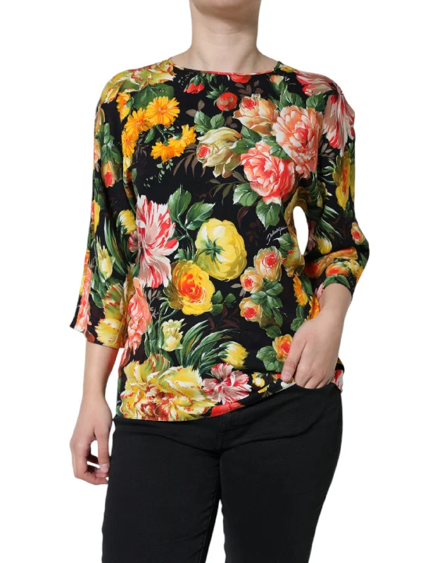 Multicolor Floral Viscose Round Neck Blouse Top Ruffled Neck Blouse
