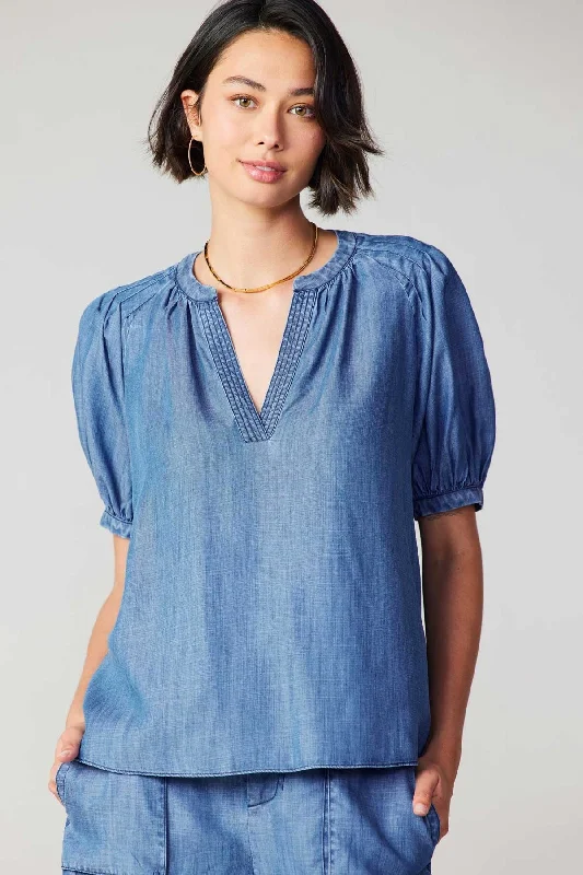 Chambray Puff Sleeve Blouse Ruched Sleeve Blouse