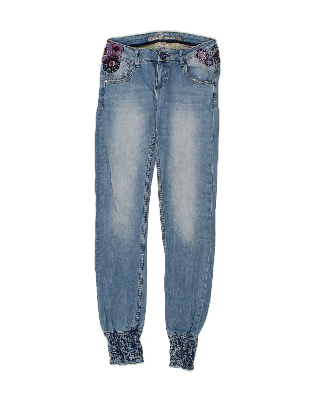 DESIGUAL Womens Graphic Joggers Slim Jeans W28 L31 Blue Floral Cotton Stylish High-Waist Skinny Denim
