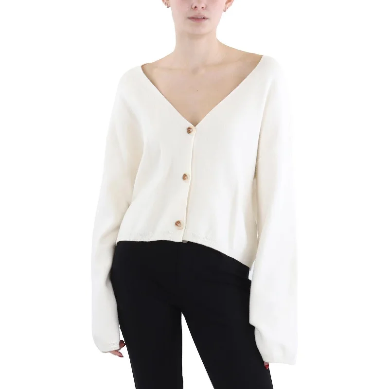 Womens Cropped Button Up Cardigan Sweater High Neck Crew Neck V-Neck