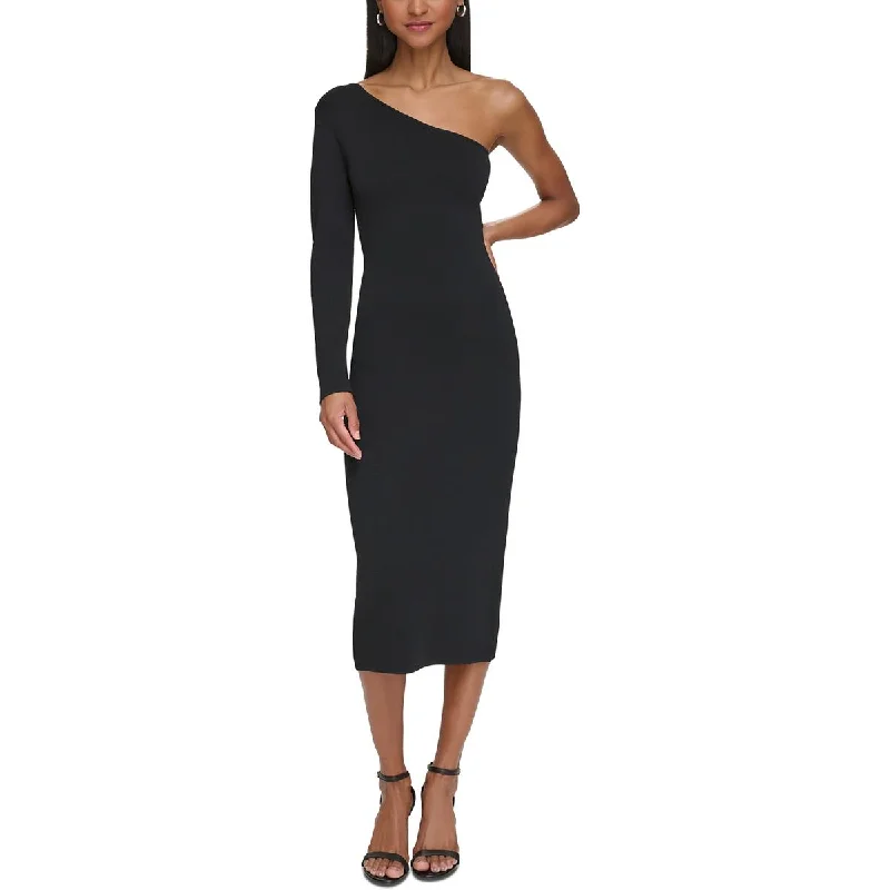 Womens One Shoulder Midi Sweaterdress Satin Fabric Silk Fabric Chiffon Fabric