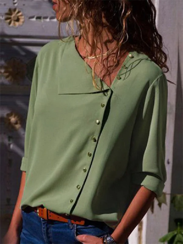 Skew Collar Chiffon Blouse Ruched Sleeve Blouse