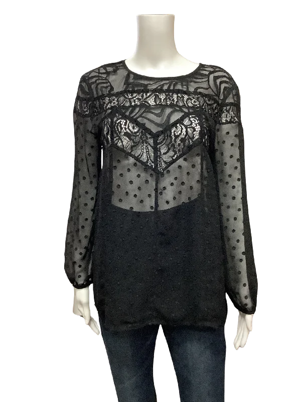 Anthropologie HD Women's Blouse Black Sheer Lace Dot Size: 10 Chic Wrap Blouse