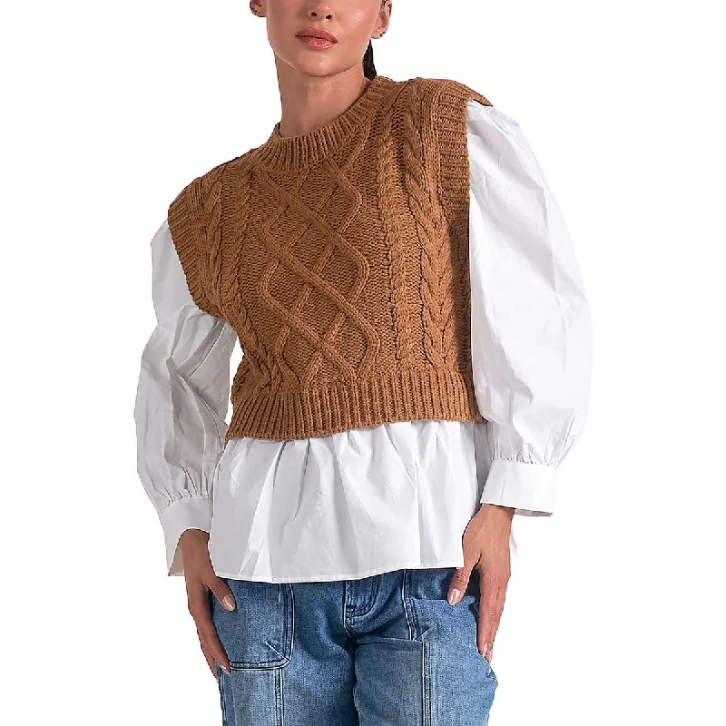 Womens Cable Knit Layered Pullover Sweater Faux Fur Fabric Real Fur Fabric Shearling Fabric