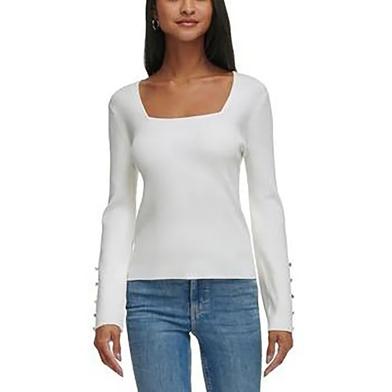 Womens Square Neck Button Trim Pullover Sweater Terry Terry Cloth Terry Knit