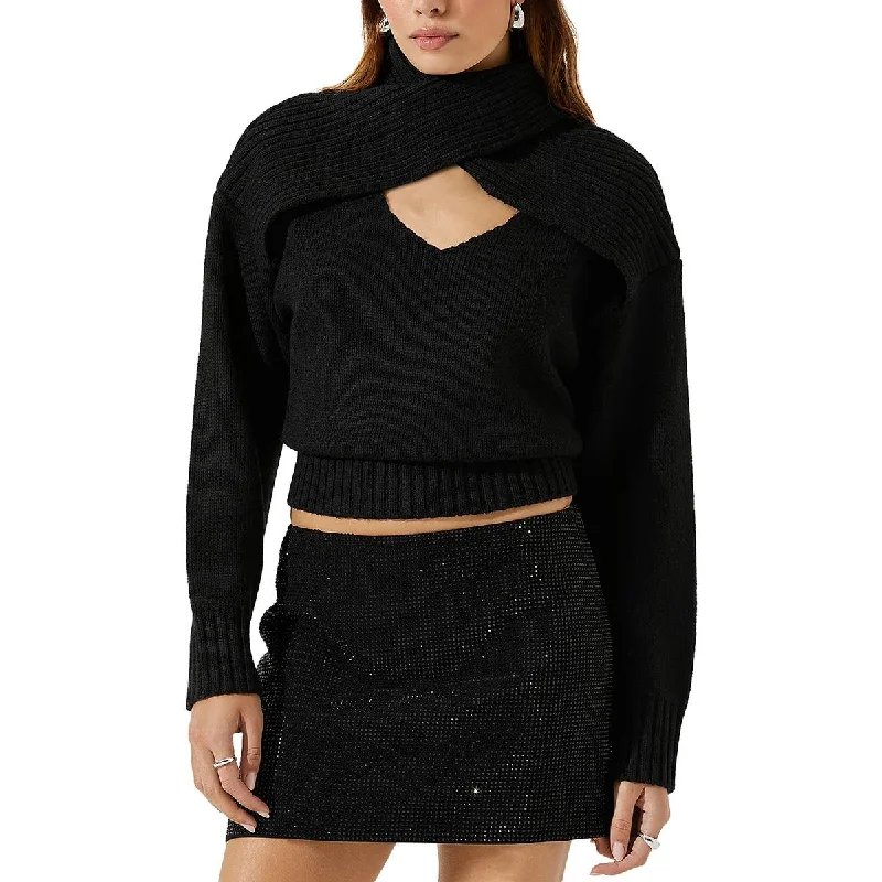 Pearson Womens Cut-Out Ribbed Crop Sweater Toggled Drawstring Belted