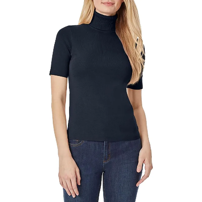 Womens Short Sleeve Ribbed Trim Mock Turtleneck Sweater Casual Formal Business