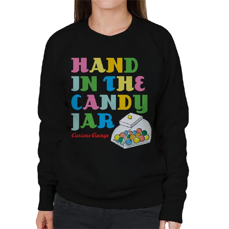Curious George Hand In The Candy Jar Women's Sweatshirt Hoodie with Mock Neck Collared Structured Curious George Hand In The Candy Jar Women's Sweatshirt Hoodie with Mock Neck Collared Structured