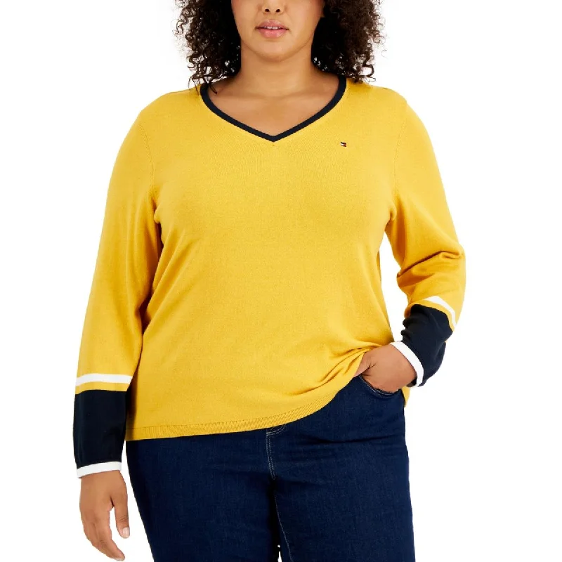 Plus Womens V-Neck Striped Trim Pullover Sweater Welt Pockets Slit Pockets Flap Pockets