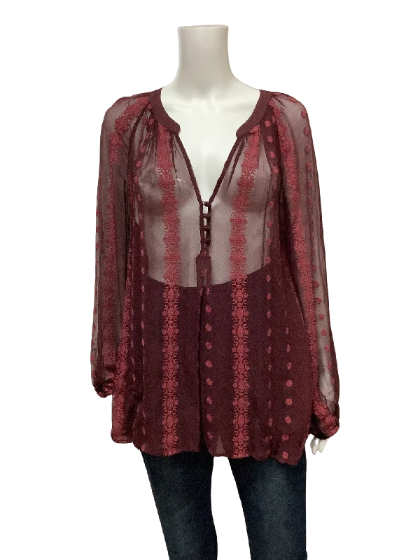 Zoa Women's Blouse Burgundy Sheer Embroidered Size: M Pastel Color Blouse