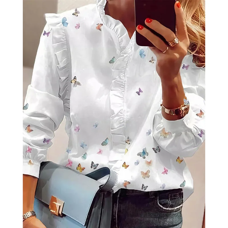 Women Elegant  Butterfly Print Blouses Top Off-Shoulder Wrap Blouse