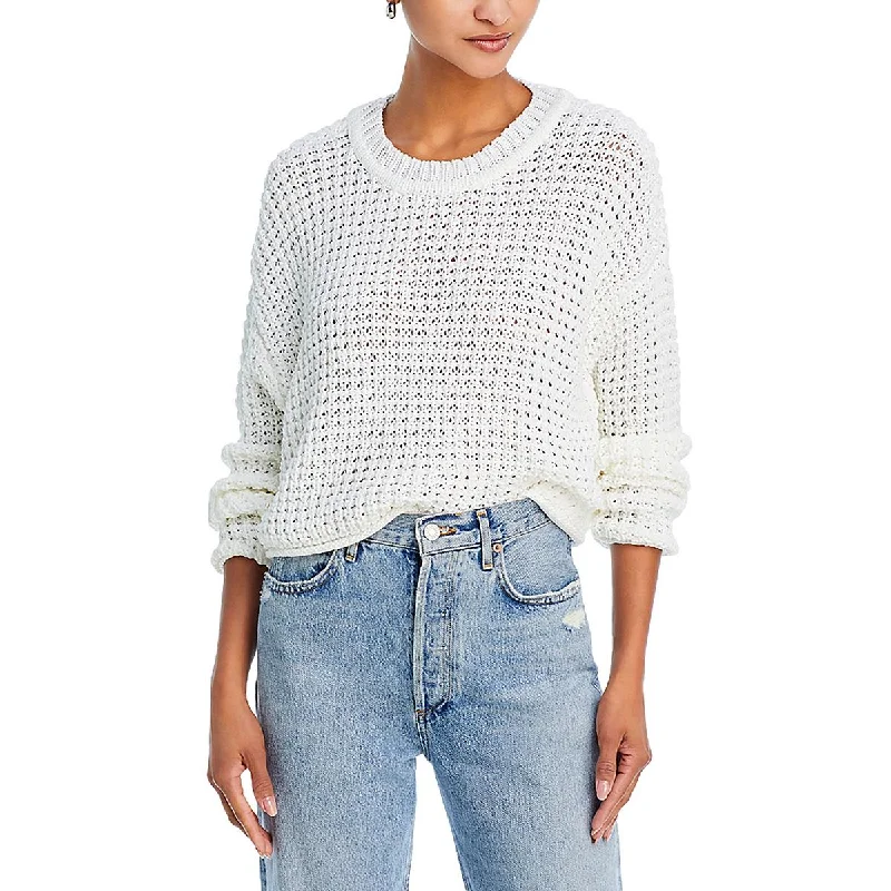 Womens Waffle Knit Crewneck Crop Sweater Mesh Sweater Canvas Denim