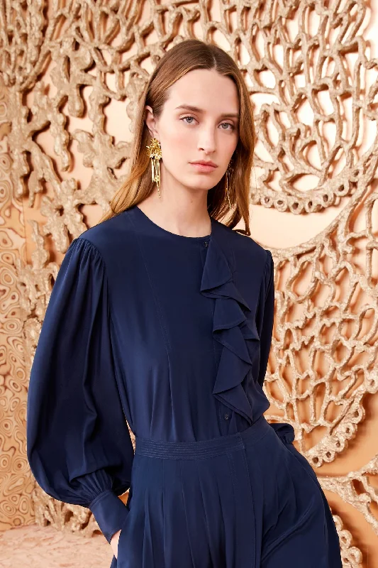 Adelaide Silk Blouse in Midnight Navy Pleated Collar Blouse