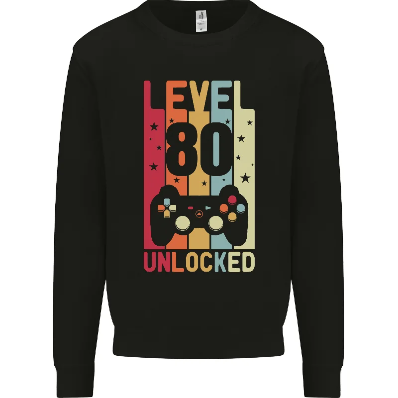 80th Birthday Level Up Gaming 80-Year-Old Men's Sweatshirt Jumper Hoodie with Monochrome Minimalist Simple