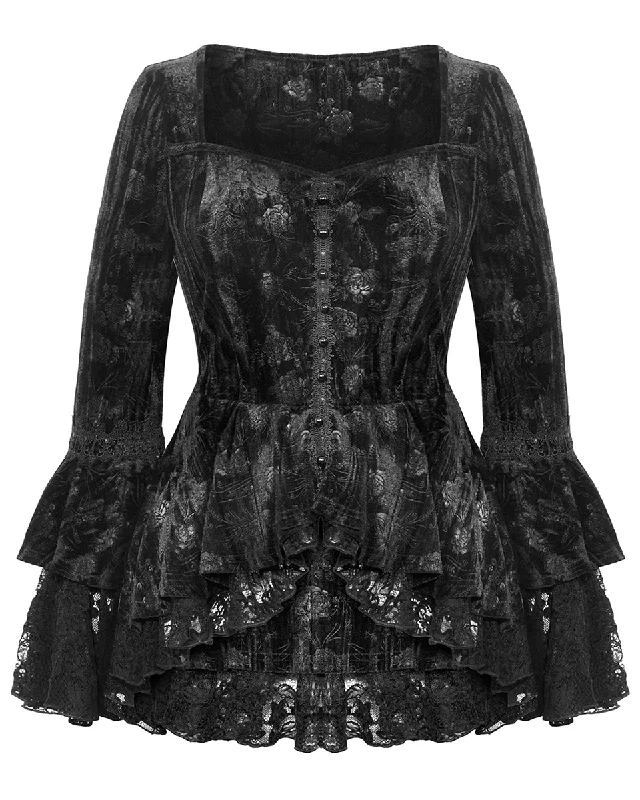 Dark In Love Romantic Gothic Rose Velvet & Lace Tunic Blouse Top Elegant Peplum Blouse