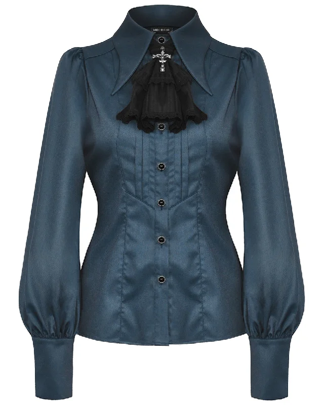 Dark In Love Preppy Gothic Lolita Doll Blouse Top With Ruffled Cravat Tie - Blue Feminine Ruffle Blouse