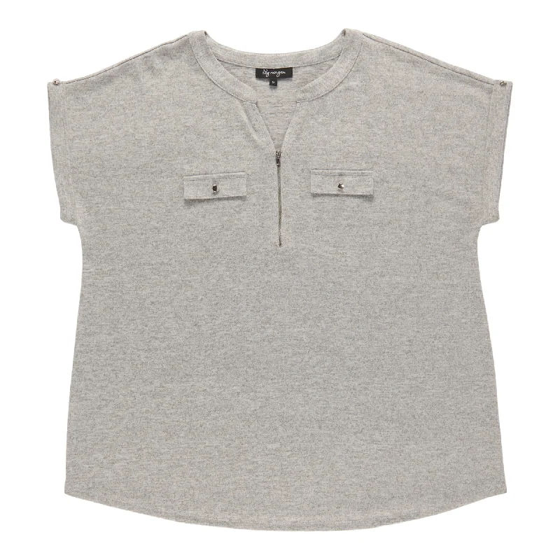 lily morgan Women's Plus V-Neck Zip Blouse Chic Ruffle Blouse