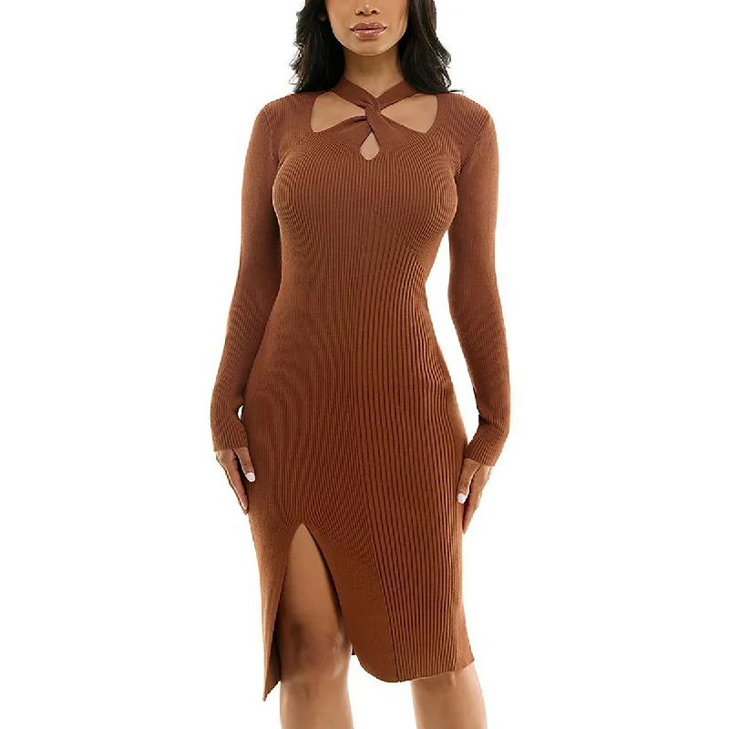 Juniors Womens Sweater Dress Twisted Cut Out Neck Sweaterdress Cashmere Blend Cotton Blend Poly Blend