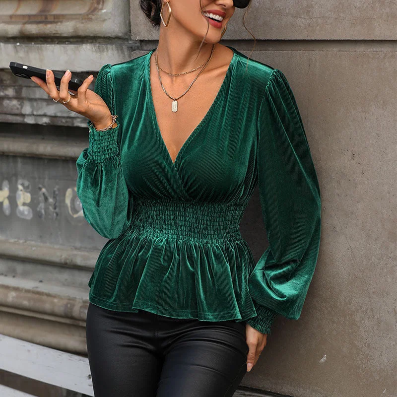 IKEARLAX 2025 cross-border women's clothing autumn temperament elegant V-neck blouse long sleeve solid color velvet top women Delicate Pleat Blouse