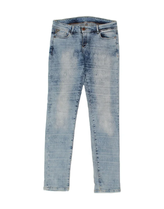 DESIGUAL Womens Slim Jeans W30 L32  Blue Fair Isle Cotton Elegant Raw Hem Jeans