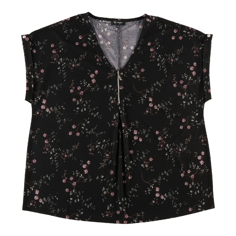 lily morgan Women's Plus Printed V-Neck Rolled-Cuff Blouse Business Casual Blouse