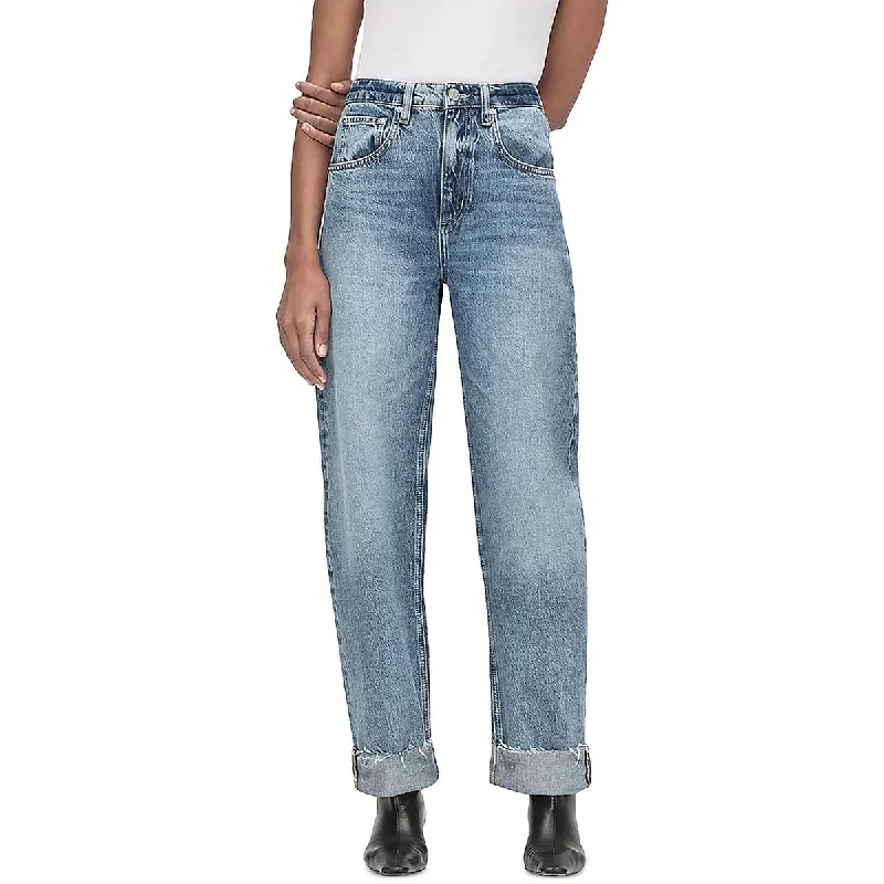 Womens High Rise Raw Hem Straight Leg Jeans Comfortable Distressed Straight-Leg Jeans