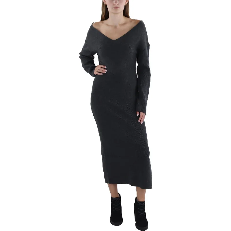 Womens Ribbed Tea Length Sweaterdress Chenille Blend Fleece Blend Nylon Blend