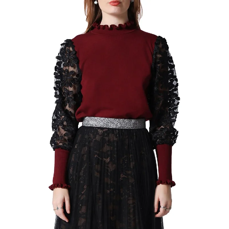 Womens Knit Sheer Sleeve Pullover Sweater Solid Print Embellished