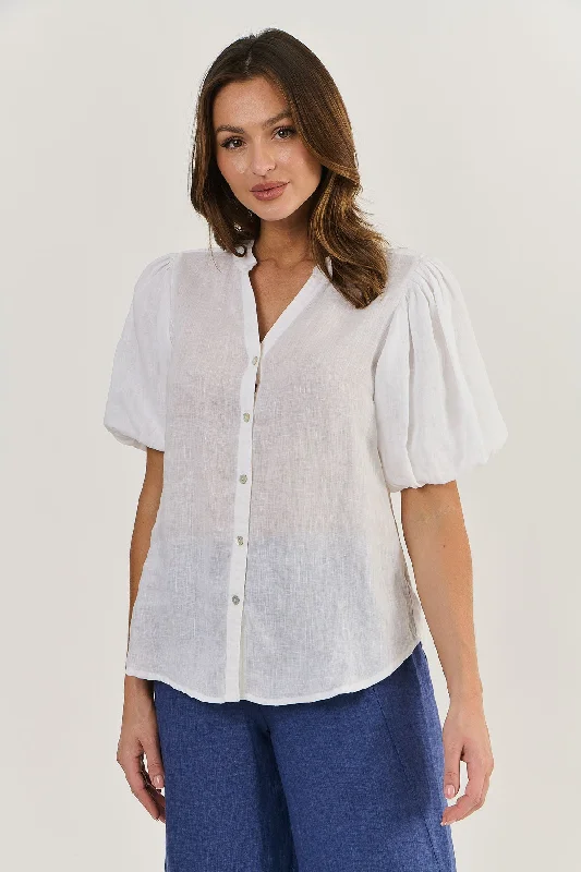 Bubble Sleeve Blouse White Elegant Semi-Sheer Blouse